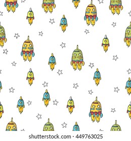 Seamless decor pattern of space and spaceships on white background. Sketch style.