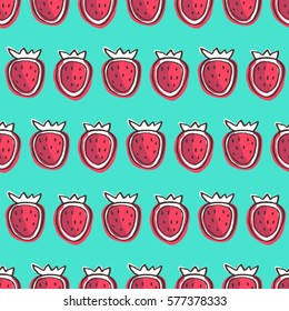 Seamless decor pattern of strawberry. Sketch style. Image for a poster or cover. Vector  forest berries illustration. Repeating texture. Figure for textiles. Package design.