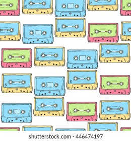 Seamless decor pattern of vintage blue and pink audio cassettes on white background.