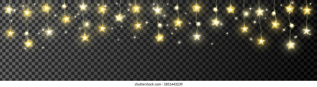 Seamless decoration with golden stars. Isolated glowing lights, vector. Sparkling border, frame. Holiday background for Ramadan, Eid Mubarak banners or Christmas, wedding and birthday cards.