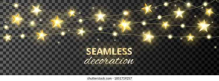 Seamless decoration with golden stars. Isolated glowing lights, vector illustration.Sparkling border, frame.Holiday background for Christmas, New year banners, wedding or birthday cards, party posters