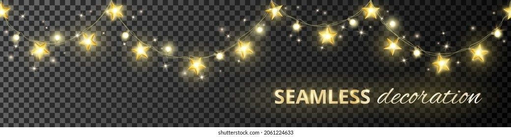 Seamless decoration with golden stars. Isolated glowing lights, vector. Sparkling border, frame. Holiday background for Ramadan, Eid Mubarak banners or Christmas, wedding, birthday cards.