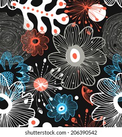 Seamless decorative abstract pattern. Flourish template on black background