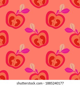 Seamless decorative apple with leaf motif pattern. Image on red and colored background.