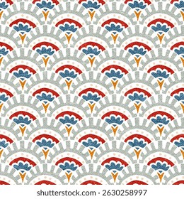 O art déco decorativo e contínuo inspirou um padrão floral com flores em forma de leque em vermelho, azul e cinza.