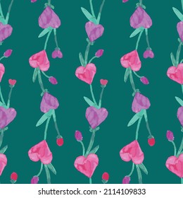 Seamless decorative background of abstract watercolor pink and red flowers with heart shapes in rows