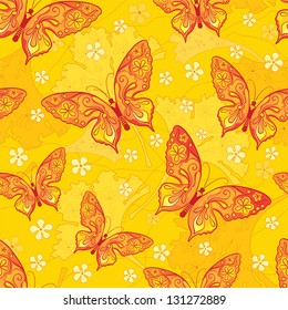  Seamless decorative  background with butterflies, flowers and leaves Ginkgo