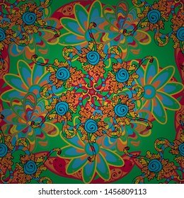 Seamless decorative background. Can be used for cards, invitations, save the date cards and many more. On orange, green and blue colors. Vector illustration. Doodles.