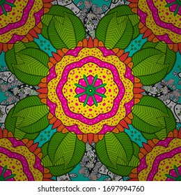 Seamless decorative background. Can be used for cards, invitations, save the date cards and many more. Doodles. Vector illustration. On magenta, green and yellow colors.