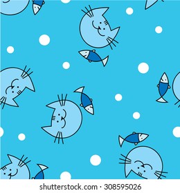Seamless decorative background with cats and fish