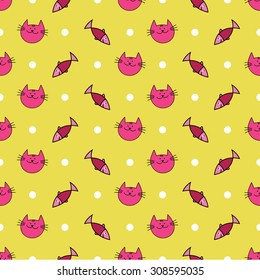 Seamless decorative background with cats and fish