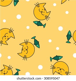Seamless decorative background with cats and fish