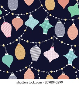 Seamless Decorative Background with Colorful Lanterns, Lights and Star Embellishments. For New year, Diwali, Ramadan and other Festive Celebrations. Backdrops, Wallpapers, Giftwrapping, Packaging