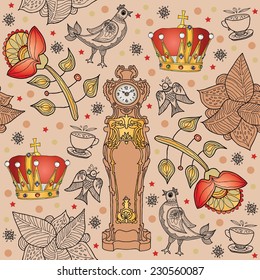 seamless. decorative background with crown, birds and antique clocks 