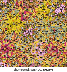 Seamless decorative background. Doodles. Vector illustration. On yellow, pink, gray, black and orange colors. Can be used for cards, invitations, save the date cards and many more.