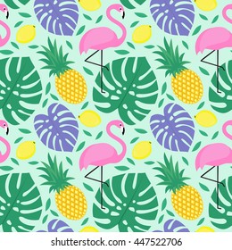 Seamless decorative background with flamingo, pineapple, lemons and green palm leaves. Tropical monstera leaves pattern with tropical fruits and exotic bird. Design for textile, wallpaper, fabric etc.