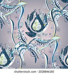 Seamless decorative background, flower mandala. On neutral, gray and blue colors. Vector illustration. Flower.
