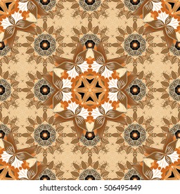 seamless decorative background, flower mandala. Brown. Beige. Flower. Vector.