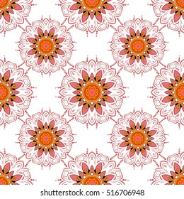 seamless decorative background, flower mandala. Brown. Beige. Flower. Vector. White background. Orange.