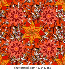 seamless decorative background, flower mandala. Pink, orange.