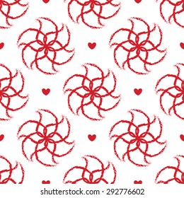 Seamless decorative background with flowers and hearts. Vector pattern. 