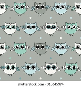 Seamless decorative background with owls and dots