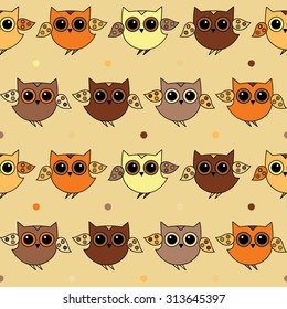 Seamless decorative background with owls and dots
