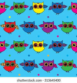 Seamless decorative background with owls and dots