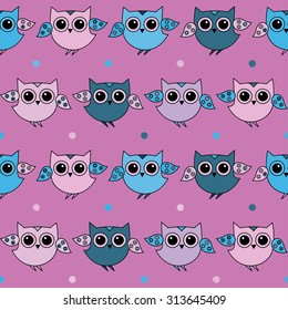Seamless decorative background with owls and dots