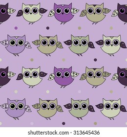 Seamless decorative background with owls and dots