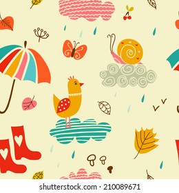 Seamless decorative background. Pattern with clouds, umbrella, wellington boots, bird, snail, leaves, butterfly and drops of rain. Cartoon stylish texture with many cute details. 