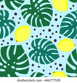 Seamless decorative background with yellow lemons and green palm leaves. Tropical monstera leaves  pattern with lemons and dots. Trendy Jungle illustration. Design for textile, wallpaper, fabric etc.