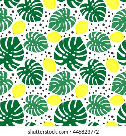 Seamless decorative background with yellow lemons and green palm leaves. Tropical monstera leaves  pattern with lemons and dots. Trendy Jungle illustration. Design for textile, wallpaper, fabric etc.