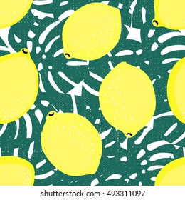 Seamless decorative background with yellow lemons and green palm leaves. Tropical leaves pattern with lemons. Trendy Jungle illustration. Fashion design for textile, wallpaper, fabric etc.