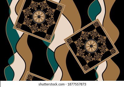 Seamless decorative baroque pattern on black background.Vector design for fashion prints and backgrounds.