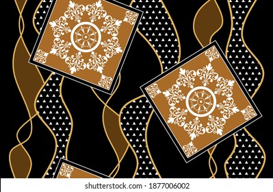 Seamless decorative baroque with wavy striped pattern on black background.Vector design for fashion prints and backgrounds.