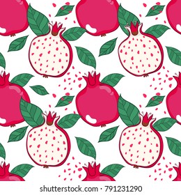 Seamless decorative black and red pattern with pomegranates. Sliced pomegranates and seeds. Hand draw illustration.