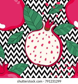 Padrão decorativo perfeito preto e vermelho com romãs. Romãs e sementes fatiadas. Ilustração do desenho da mão.
