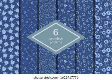 Seamless decorative blue floral patterns