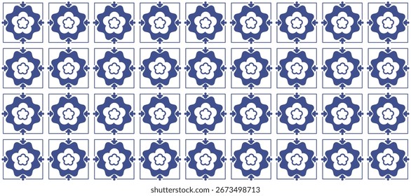 Seamless decorative blue tile pattern with floral motifs in geometric frames, inspired by traditional  Mediterranean motifs.