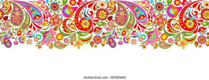 Seamless decorative border with abstract colorful flowers print