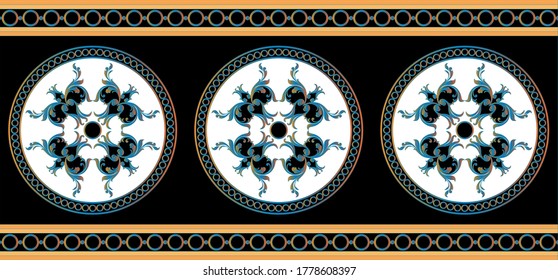 Borde decorativo impecable de motivos barrocos con cadenas sobre fondo negro. Ilustración EPS10.