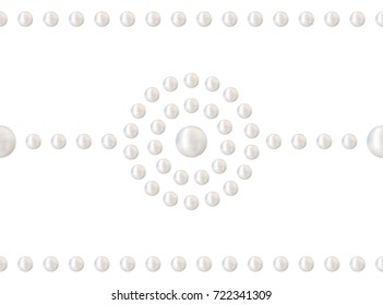 Seamless decorative border embellishment of white pearl beads in garland.  Can be used for wedding or any holiday gift paper or textile. Precious bracelet jewelry print. Vector Illustration. 