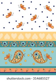 Seamless decorative border with flower, birds, hearts and butterflies.  Vector illustration. 