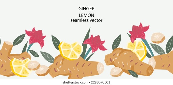 Seamless decorative border with ginger roots and flowers and lemon. Ginger or turmeric and lemon seamless border design, flat vector illustration isolated on background.