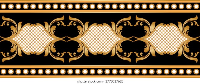 Seamless decorative border of golden baroque motif with chains on black background. EPS10 Illustration.