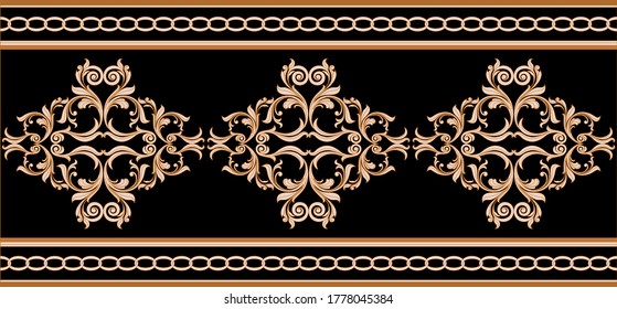 Seamless decorative border of golden baroque motif with chains on black background. EPS10 Illustration.