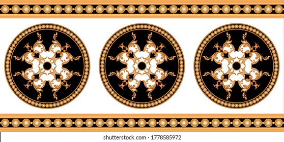 Seamless decorative border of golden baroque motif with chains on white background. EPS10 Illustration.