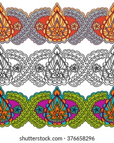 Seamless decorative border in the Indian style. Bright ethnic motive for the design. Vector illustration