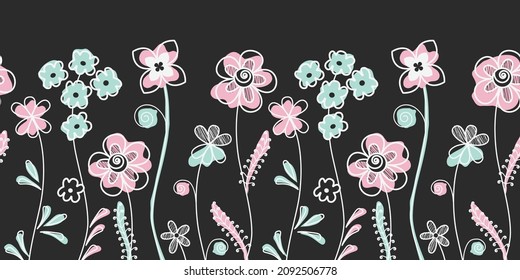Borde decorativo impecable. Patrón con flores y hojas sobre un fondo negro. Se puede usar para sitios web, tarjetas de felicitación, embalaje de regalos, telas, papeles pintados. Ilustración del vector